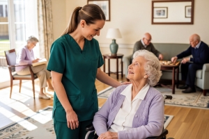 Smiling Assisted Living Caregiver Providing Compassionate Support to Senior Woman